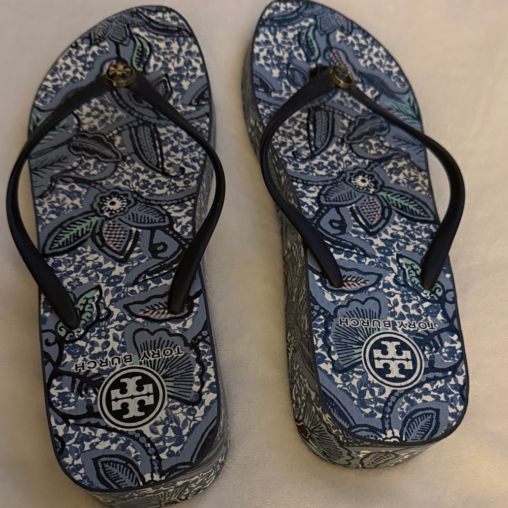 Tory Burch Blue Floral Flip Flops